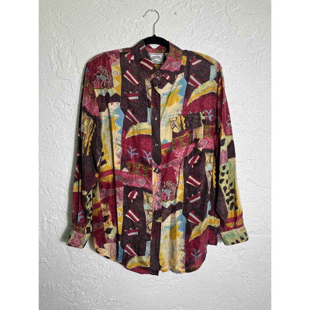 Peaches & Smith Vintage 100% Silk Abstract Geometric Print Button Down Shirt Lโ